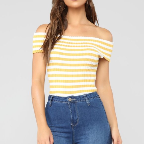 Yellow and white striped off the shoulder top Clearance